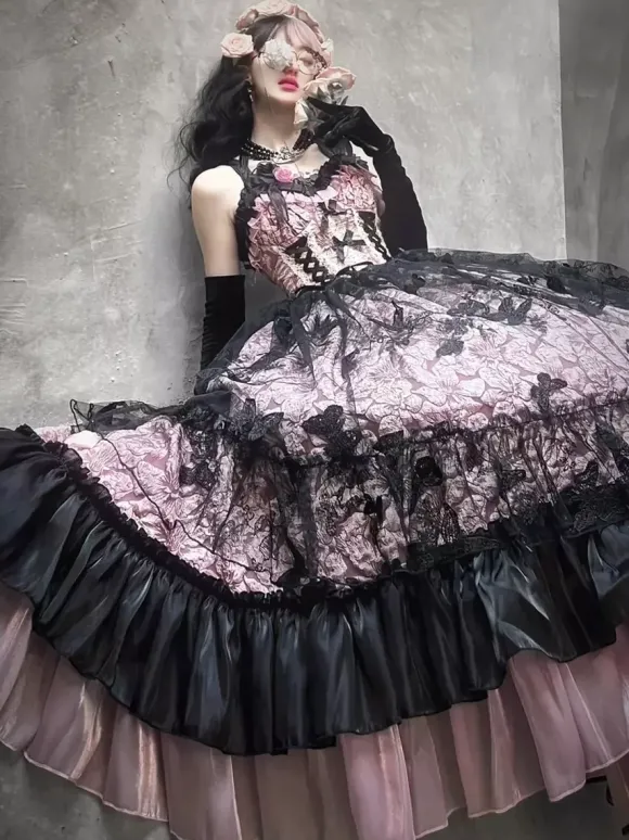 Gothic Lolita Dress Lace Ruffles Floral Print Cute Princess Dress Sleeveless mesh Ruffles Long Dress