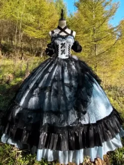 Gothic Lolita Dress Lace Ruffles Floral Print Cute Princess Dress Sleeveless mesh Ruffles Long Dress