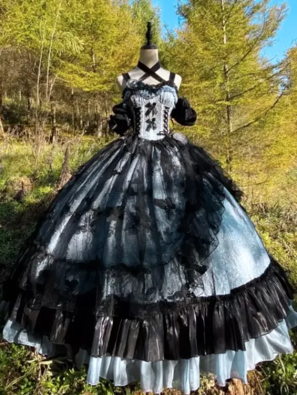 Gothic Lolita Dress Lace Ruffles Floral Print Cute Princess Dress Sleeveless mesh Ruffles Long Dress