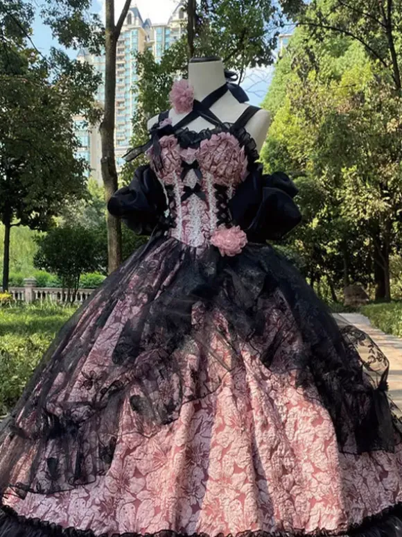 Gothic Lolita Dress Lace Ruffles Floral Print Cute Princess Dress Sleeveless mesh Ruffles Long Dress