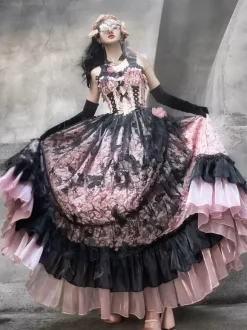 Gothic Lolita Dress Lace Ruffles Floral Print Cute Princess Dress Sleeveless mesh Ruffles Long Dress