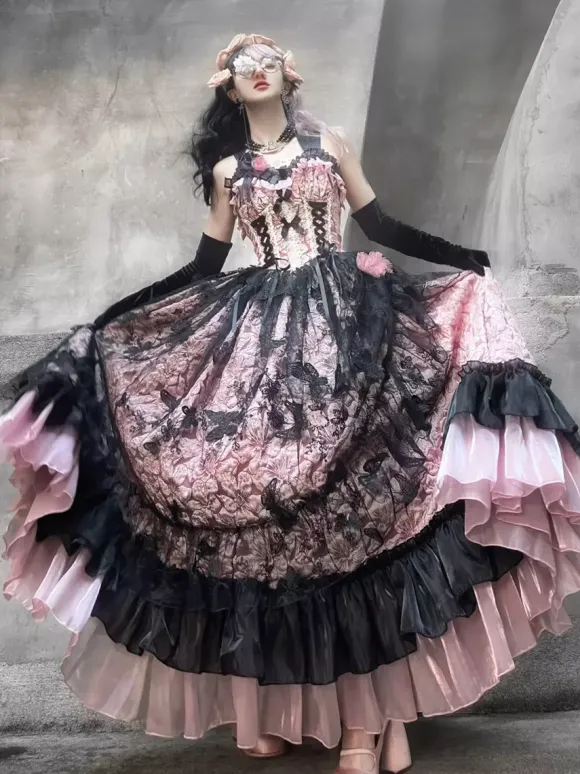 Gothic Lolita Dress Lace Ruffles Floral Print Cute Princess Dress Sleeveless mesh Ruffles Long Dress