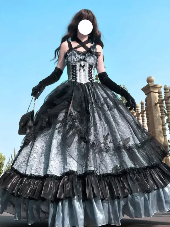 Gothic Lolita Dress Lace Ruffles Floral Print Cute Princess Dress Sleeveless mesh Ruffles Long Dress
