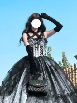 Gothic Lolita Dress Lace Ruffles Floral Print Cute Princess Dress Sleeveless mesh Ruffles Long Dress