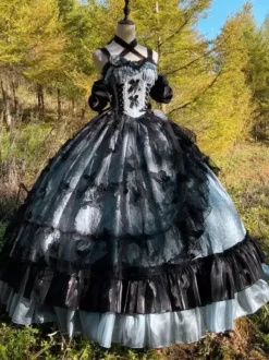 Gothic Lolita Dress Lace Ruffles Floral Print Cute Princess Dress Sleeveless mesh Ruffles Long Dress