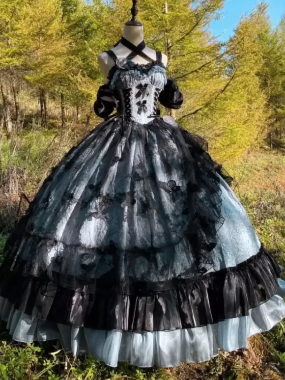 Gothic Lolita Dress Lace Ruffles Floral Print Cute Princess Dress Sleeveless mesh Ruffles Long Dress