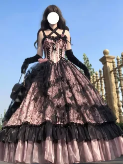 Gothic Lolita Dress Lace Ruffles Floral Print Cute Princess Dress Sleeveless mesh Ruffles Long Dress