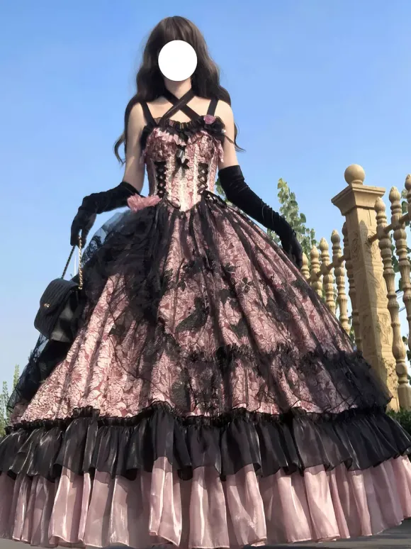 Gothic Lolita Dress Lace Ruffles Floral Print Cute Princess Dress Sleeveless mesh Ruffles Long Dress