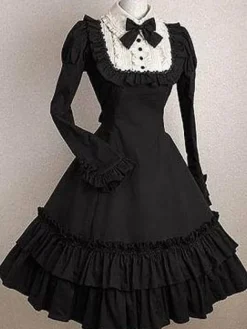 Gothic Lolita Dress OP Black Bows Ruffles Cotton Lolita One Piece Dress