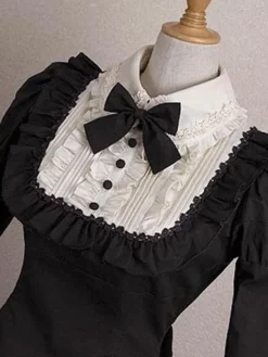 Gothic Lolita Dress OP Black Bows Ruffles Cotton Lolita One Piece Dress