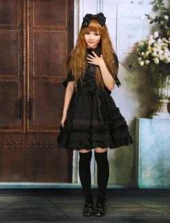 Gothic Lolita Dress OP Black Short Sleeves Shirring Lace Up Ruffles Bows Cotton Lolita One Piece Dress