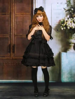 Gothic Lolita Dress OP Black Short Sleeves Shirring Lace Up Ruffles Bows Cotton Lolita One Piece Dress