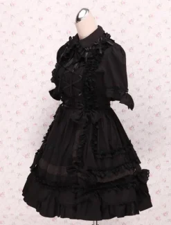 Gothic Lolita Dress OP Black Short Sleeves Shirring Lace Up Ruffles Bows Cotton Lolita One Piece Dress