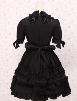 Gothic Lolita Dress OP Black Short Sleeves Shirring Lace Up Ruffles Bows Cotton Lolita One Piece Dress