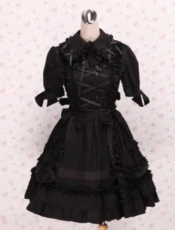 Gothic Lolita Dress OP Black Short Sleeves Shirring Lace Up Ruffles Bows Cotton Lolita One Piece Dress