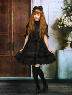 Gothic Lolita Dress OP Black Short Sleeves Shirring Lace Up Ruffles Bows Cotton Lolita One Piece Dress