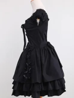 Gothic Lolita Dress OP Black Square Neck Short Sleeve Ruffle Tiered Lolita One Piece Dress