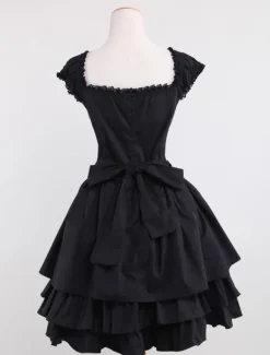 Gothic Lolita Dress OP Black Square Neck Short Sleeve Ruffle Tiered Lolita One Piece Dress