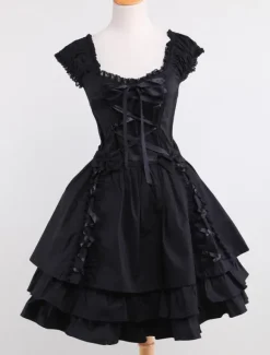 Gothic Lolita Dress OP Black Square Neck Short Sleeve Ruffle Tiered Lolita One Piece Dress