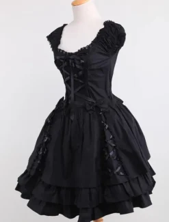 Gothic Lolita Dress OP Black Square Neck Short Sleeve Ruffle Tiered Lolita One Piece Dress