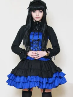 Gothic Lolita Dress OP Royal Blue Turndown Collar Long Sleeve Lolita One Piece Dress With Cummerbund