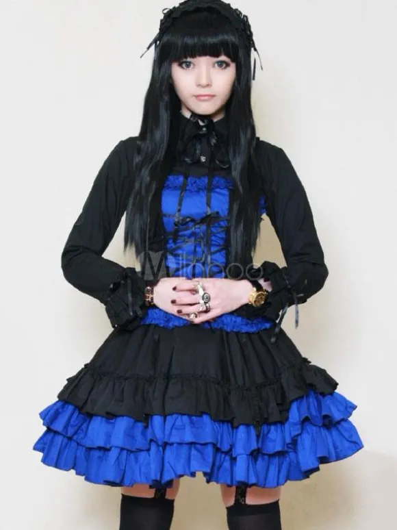 Gothic Lolita Dress OP Royal Blue Turndown Collar Long Sleeve Lolita One Piece Dress With Cummerbund