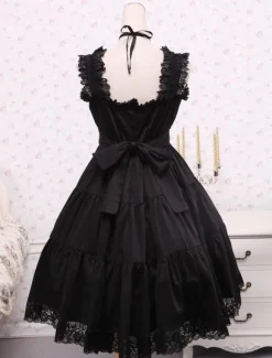 Gothic Lolita Dress Pure Black Cotton Lolita Jumper Skirt Lace Trim Lace Up Waist Belt