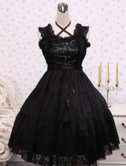 Gothic Lolita Dress Pure Black Cotton Lolita Jumper Skirt Lace Trim Lace Up Waist Belt