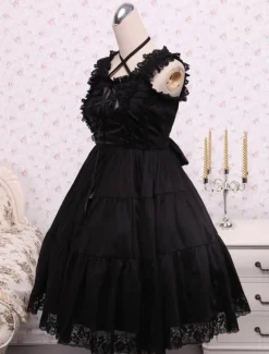 Gothic Lolita Dress Pure Black Cotton Lolita Jumper Skirt Lace Trim Lace Up Waist Belt