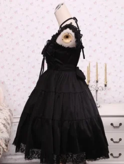 Gothic Lolita Dress Pure Black Cotton Lolita Jumper Skirt Lace Trim Lace Up Waist Belt