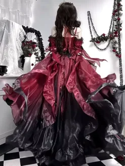 Gothic Lolita Dress Red Lolita Bridal Gown with Detachable Train Heavy Detailed Victorian Princess Dress