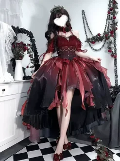Gothic Lolita Dress Red Lolita Bridal Gown with Detachable Train Heavy Detailed Victorian Princess Dress