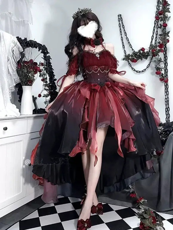 Gothic Lolita Dress Red Lolita Bridal Gown with Detachable Train Heavy Detailed Victorian Princess Dress