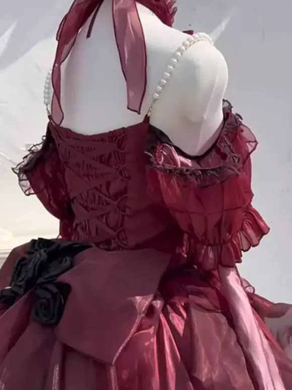 Gothic Lolita Dress Red Lolita Bridal Gown with Detachable Train Heavy Detailed Victorian Princess Dress