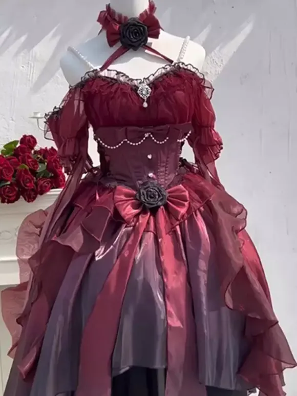 Gothic Lolita Dress Red Lolita Bridal Gown with Detachable Train Heavy Detailed Victorian Princess Dress