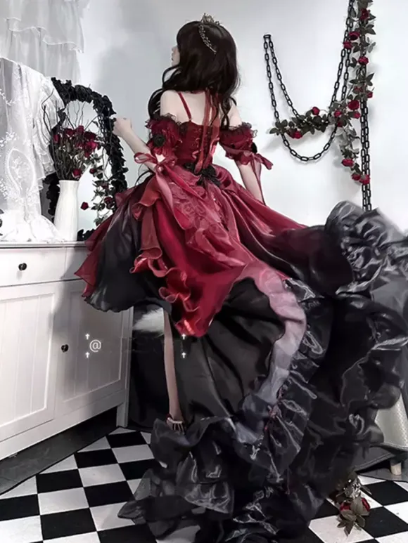 Gothic Lolita Dress Red Lolita Bridal Gown with Detachable Train Heavy Detailed Victorian Princess Dress