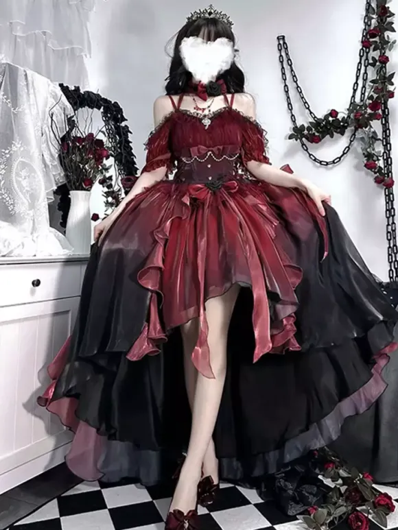 Gothic Lolita Dress Red Lolita Bridal Gown with Detachable Train Heavy Detailed Victorian Princess Dress