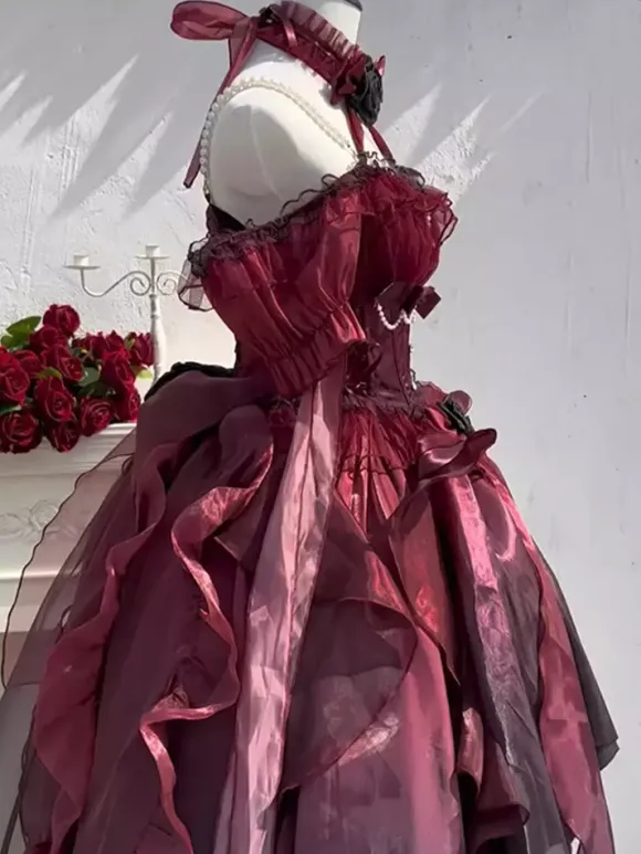 Gothic Lolita Dress Red Lolita Bridal Gown with Detachable Train Heavy Detailed Victorian Princess Dress