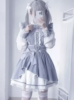Gothic Lolita Dress Ruffle Bowknot Lace Irregular Dress 6 Colors Long Sleeve Dress