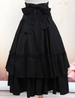Gothic Lolita Dress SK Black Lace Up Ruffle Tiered Cotton Lolita Skirt