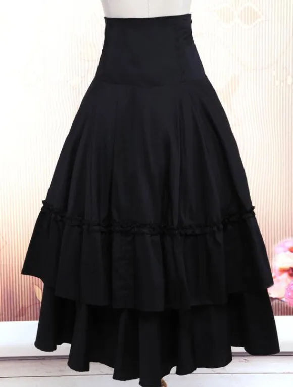 Gothic Lolita Dress SK Black Lace Up Ruffle Tiered Cotton Lolita Skirt