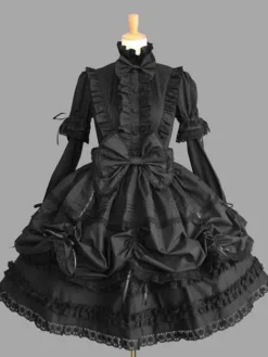 Gothic Lolita Dress with Lace Ruffle Trim Bow Accented Victorian Princess Dress in 3 Colors