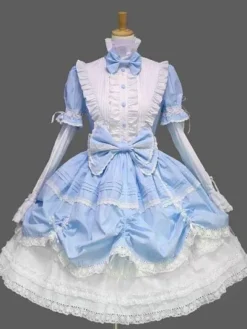 Gothic Lolita Dress with Lace Ruffle Trim Bow Accented Victorian Princess Dress in 3 Colors