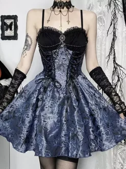 Gothic Lolita Floral Pattern Slip Dress And Lace Smock Set Cosplay Suit