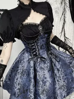Gothic Lolita Floral Pattern Slip Dress And Lace Smock Set Cosplay Suit
