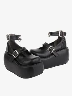 Gothic Lolita Footwear Black Grommets PU Leather Wedge Heel Lolita Shoes