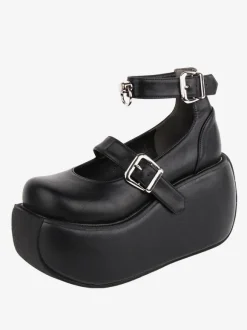Gothic Lolita Footwear Black Grommets PU Leather Wedge Heel Lolita Shoes