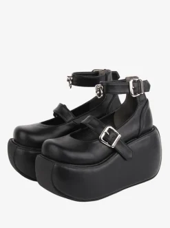 Gothic Lolita Footwear Black Grommets PU Leather Wedge Heel Lolita Shoes