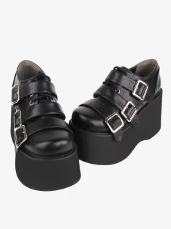 Gothic Lolita Footwear Black Lace Up Round Toe PU Leather Lolita Shoes