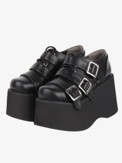 Gothic Lolita Footwear Black Lace Up Round Toe PU Leather Lolita Shoes
